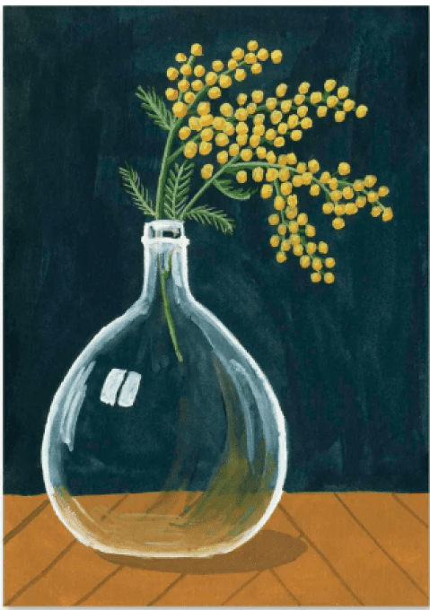 Carte postale couture “Dame-Jeanne et mimosa” – illustration de Mélanie Voituriez